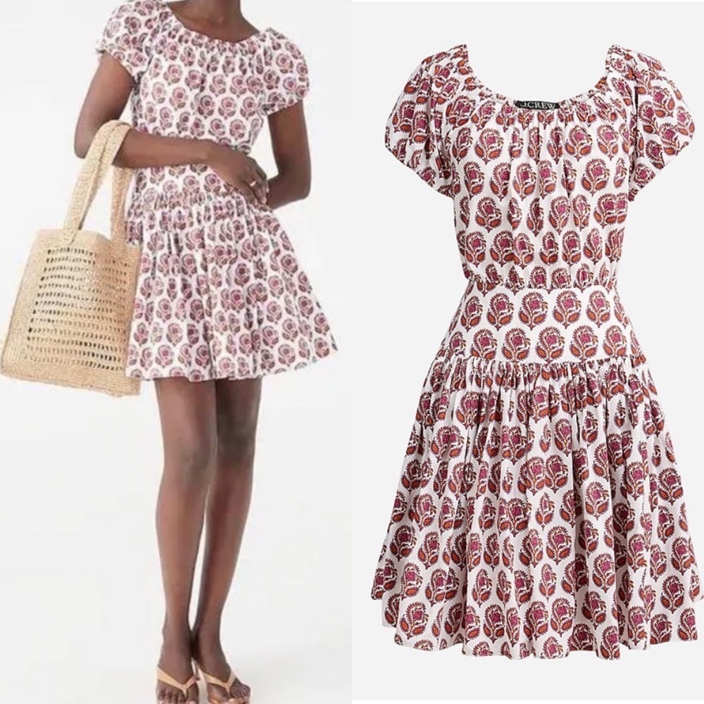 J. Crew Drop Waist Poplin Mini Dress In Vivid Begonia Block Print NWT